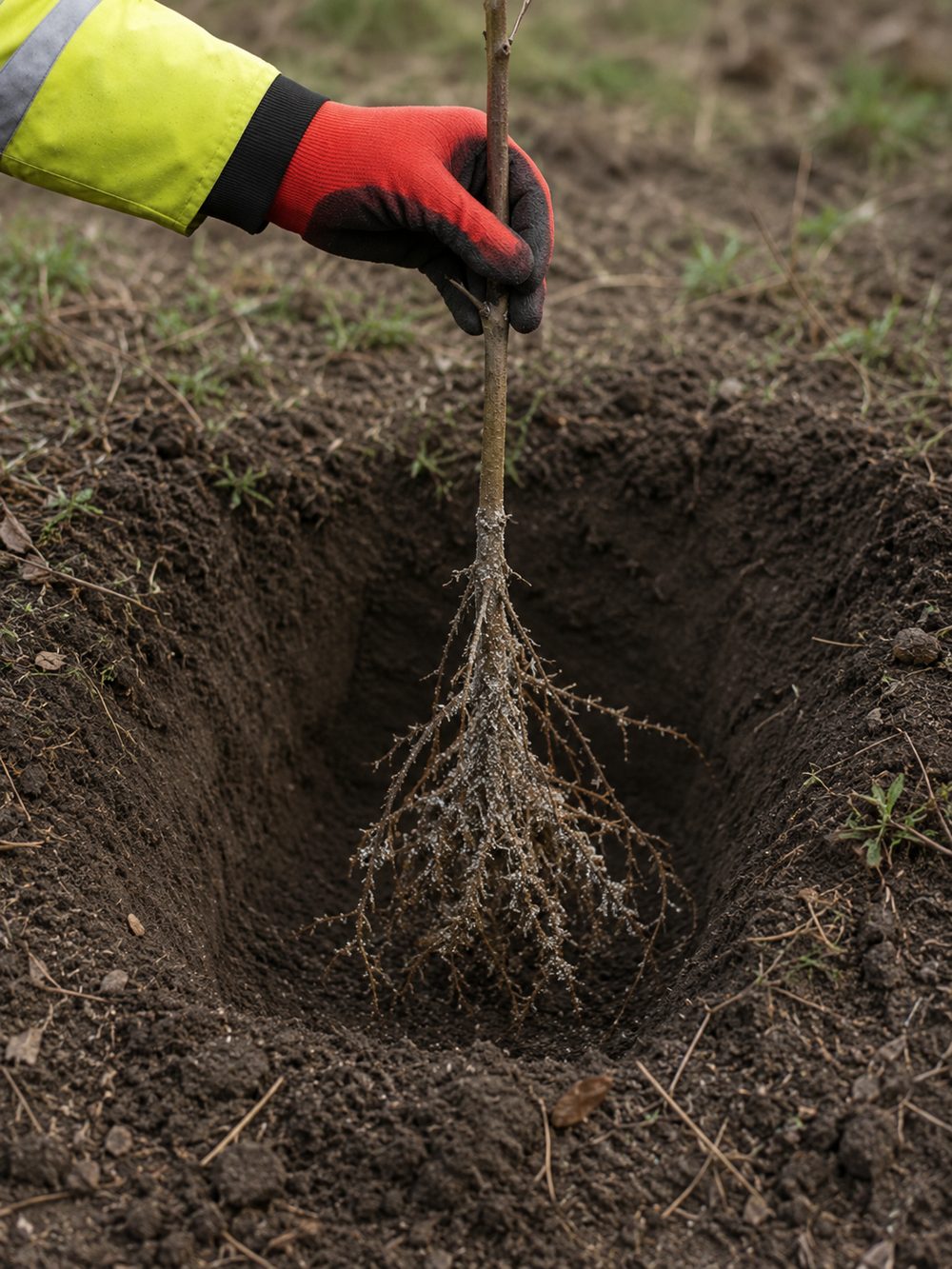 A gloved hand holding a bare-root tree over a planting pit, roots exposed